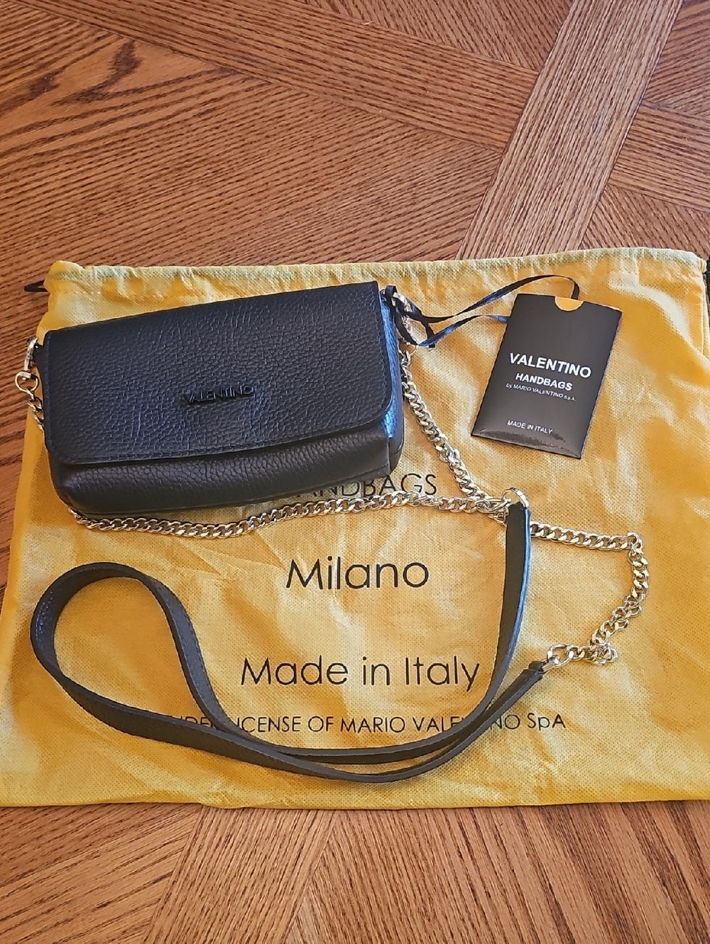 NWT Valentino Black Leather Crossbody with Gold Chain Strap